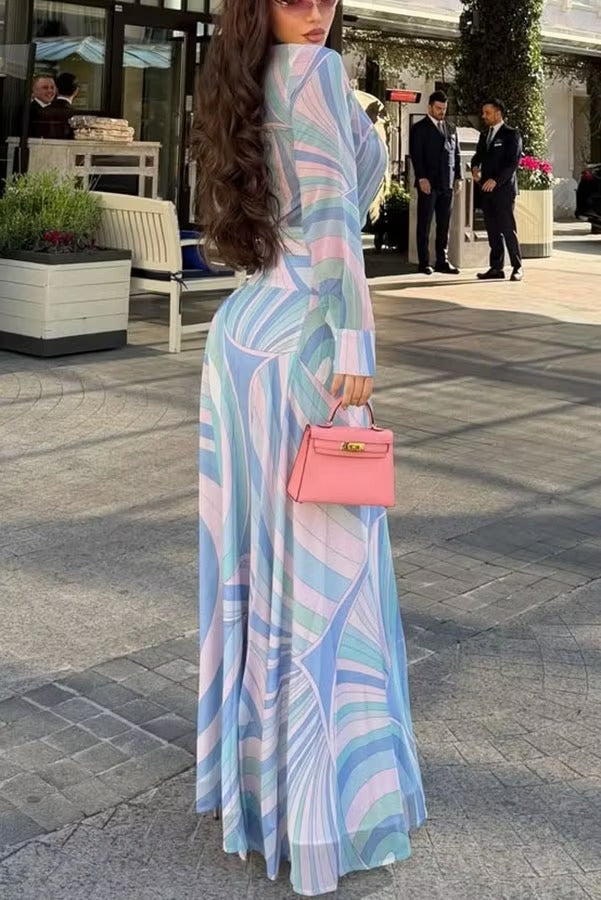 Gianna Chiffon Unique Print Button Long Sleeve Flare Hem Shirt Maxi Dress