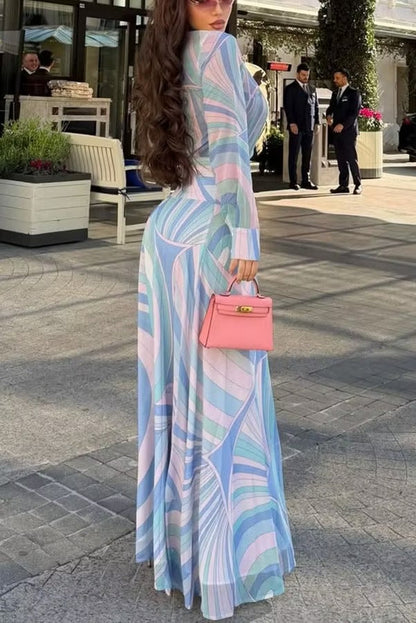 Gianna Chiffon Unique Print Button Long Sleeve Flare Hem Shirt Maxi Dress
