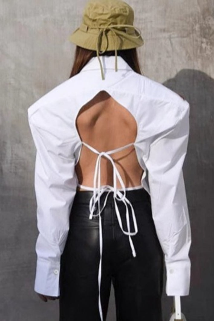 Vintage Tie Waist Cutout Open Back Elegant Blouse