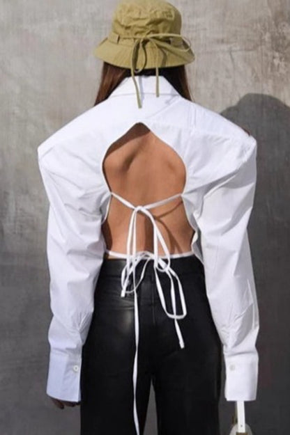 Vintage Tie Waist Cutout Open Back Elegant Blouse