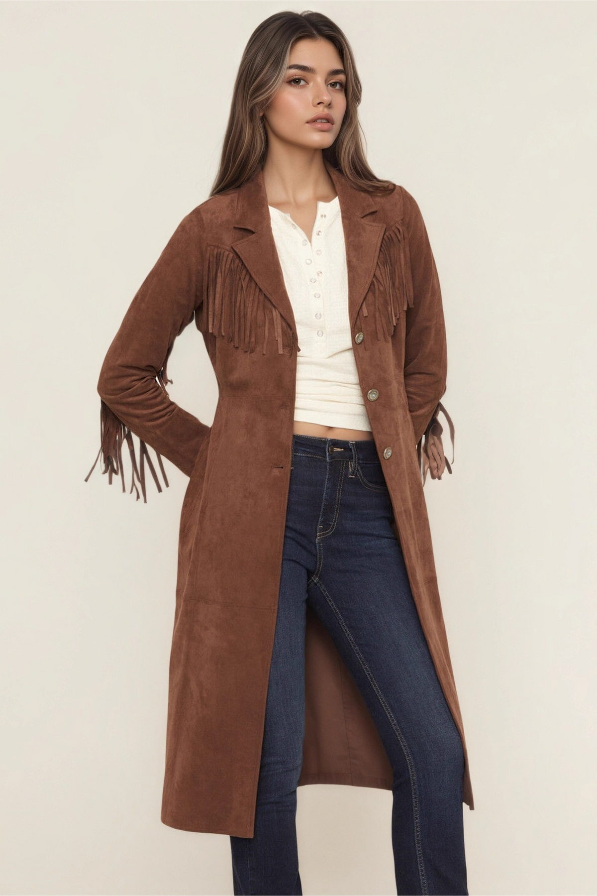 Faux Fur Notch Lapel Long Fringe Long Sleeve Overcoat