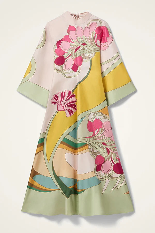 Darla Satin Colorful Baroque Style Printed Tie-up Neck Bell Sleeve Maxi Dress