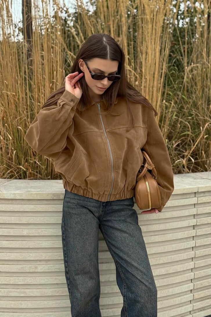 French Suede Notch Collar Trench Coat