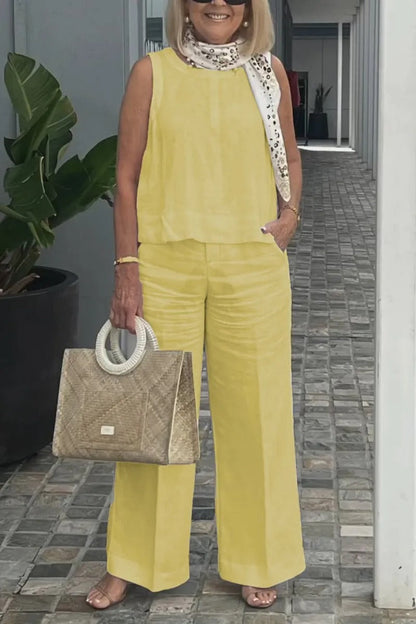 Cotton and Linen Sleeveless Top and Wide-Leg Pants Two-Piece Set