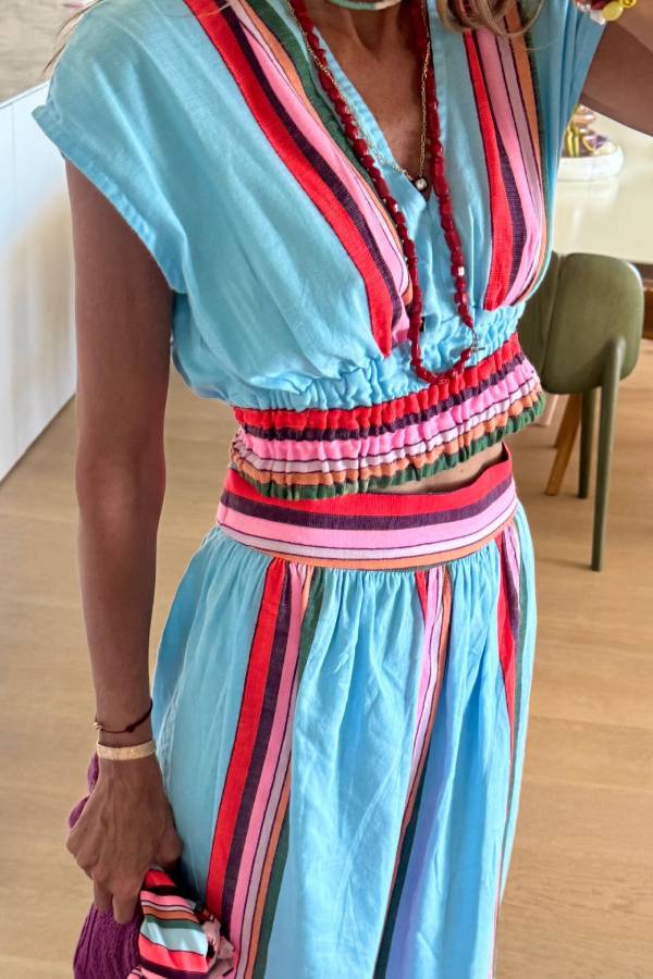 Light Blue Color-Blocked Striped V-Neck Fitted Waist Vacation Maxi Dress