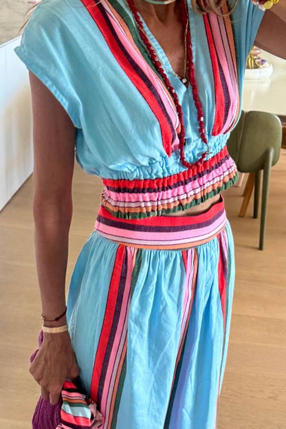 Light Blue Color-Blocked Striped V-Neck Fitted Waist Vacation Maxi Dress