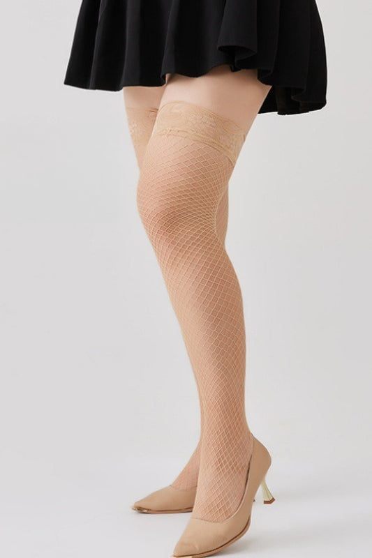 Lace Trim Silicone Grip Fishnet Thigh-High Stockings