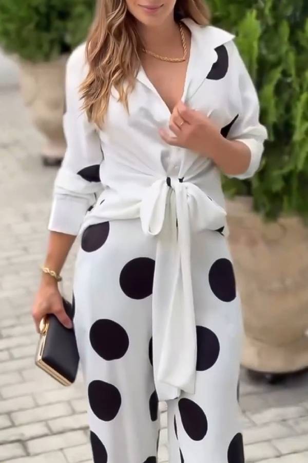 Fashion Lapel Long-sleeved Tie Waist Shirt and Casual Polka Dot Print Wide-leg Pants Set