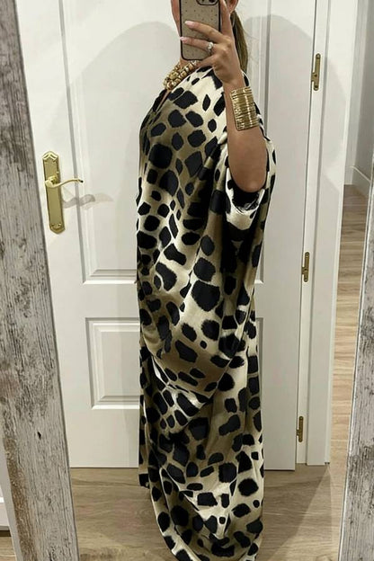 Airy Satin Unique Print V-neck Gemstone Embellished Drape Robe Maxi Dress