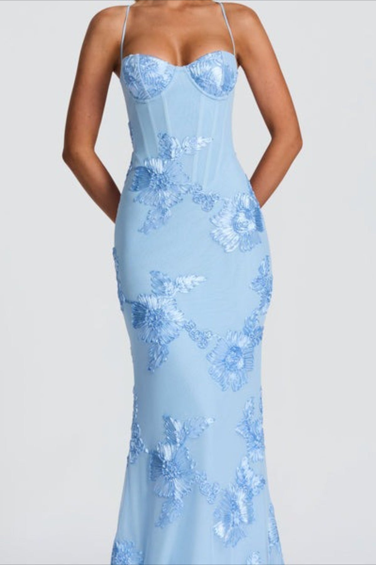Spaghetti Strap Corset Bodice Floral Lace Appliqué Open Back Mermaid Maxi Dress