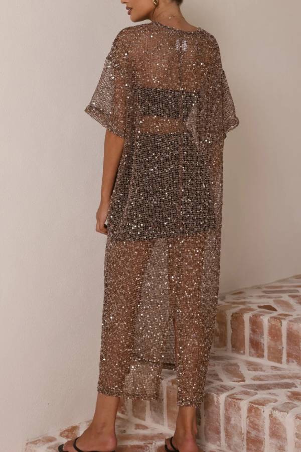 All Over Sequin Mesh Sheer Midi Cover Up Dress Crew Neck Loose Side Split Beach Party Tunic