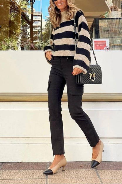 Black and white wide striped high-neck loose knit sweater