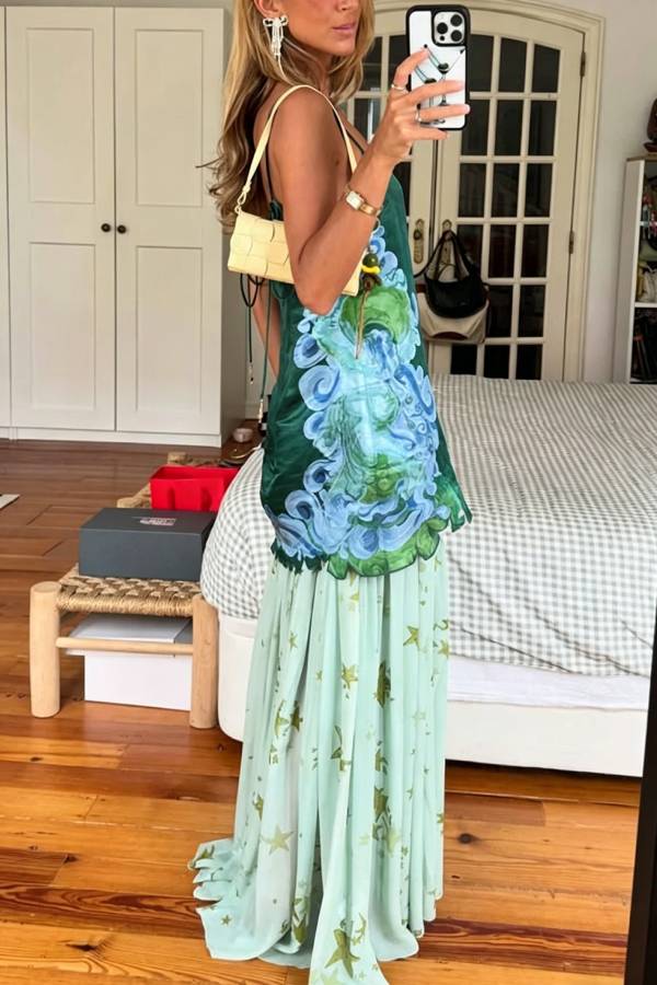 Fresh Bloom Unique Print Satin and Pleated Tulle Hem Slip Maxi Dress
