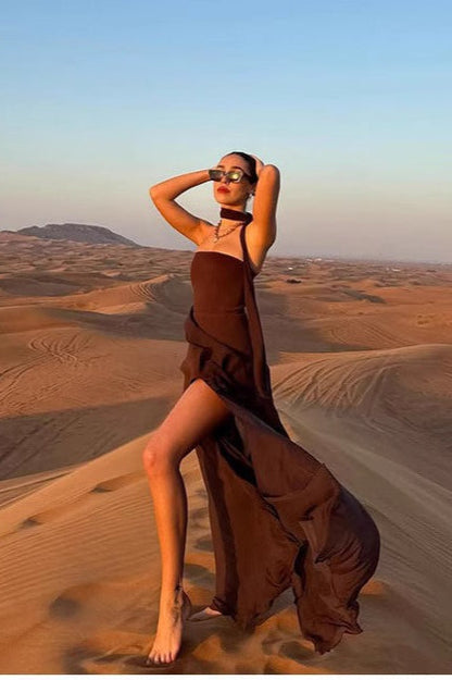 Strapless Asymmetrical Mesh Split Scarf Formal Dress