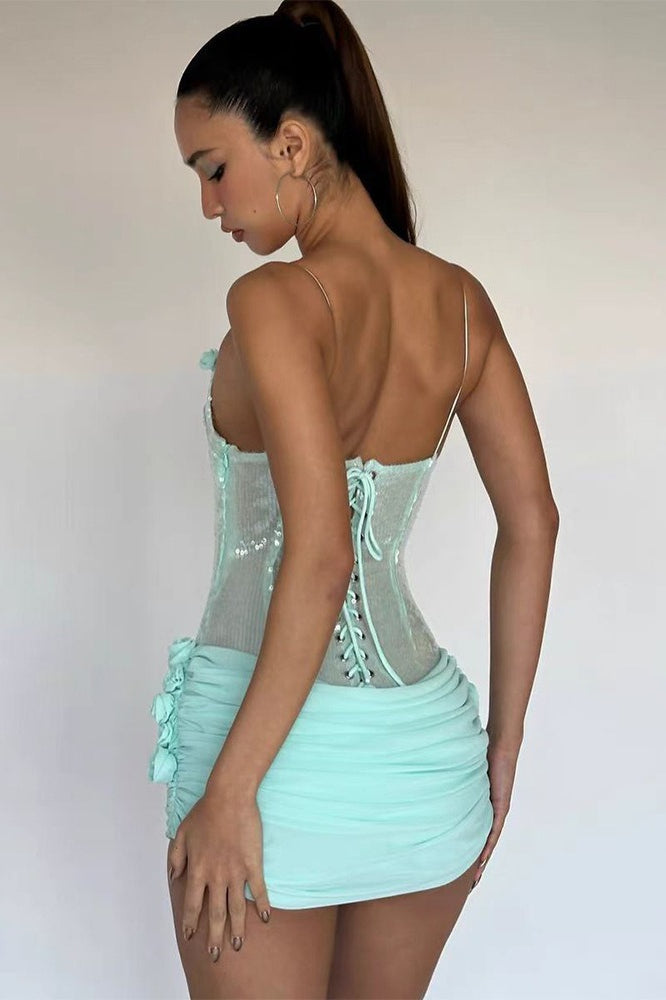 Sheer Sling Slim Floral Sequin Dress