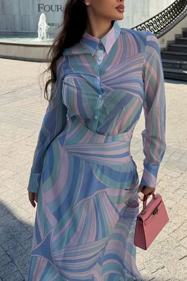Gianna Chiffon Unique Print Button Long Sleeve Flare Hem Shirt Maxi Dress