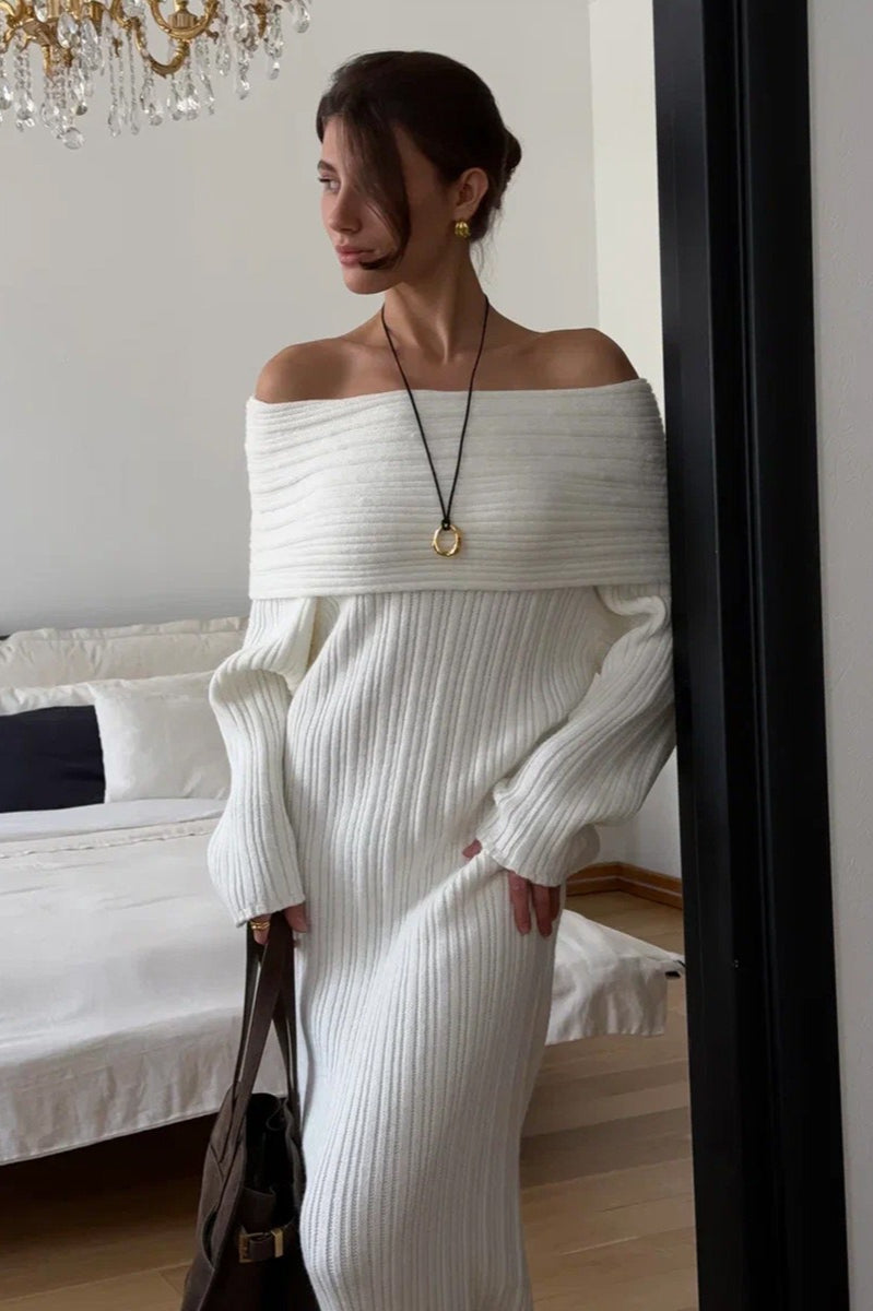 Knit Off Shoulder Long Sleeve Bodycon Sweater Dress