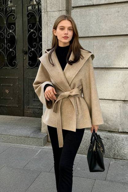 Chic Brown Woolen Hooded Overcoat