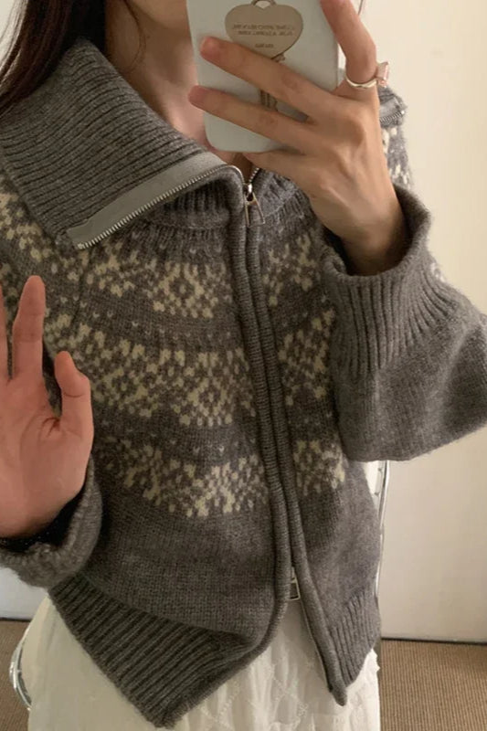 Ribbed Knit Fair Isle Zip Cardigan