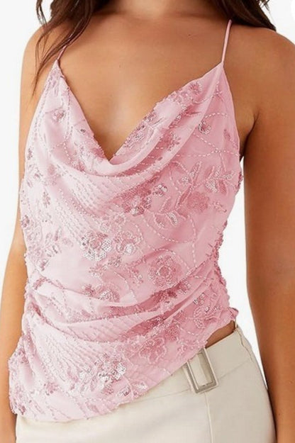 Printed Sequin Back Tie Tank Top