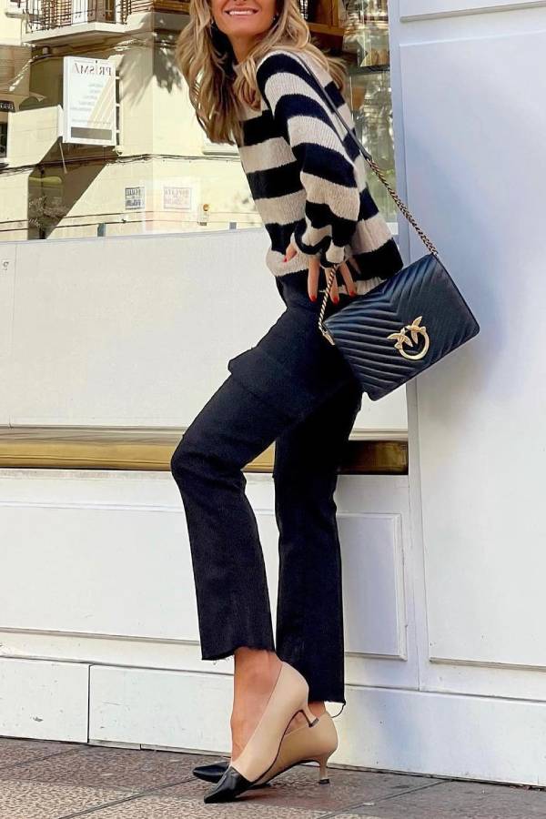 Black and white wide striped high-neck loose knit sweater