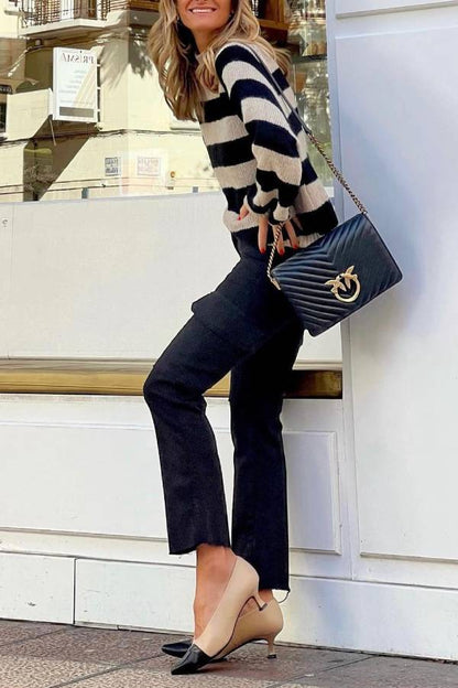 Black and white wide striped high-neck loose knit sweater