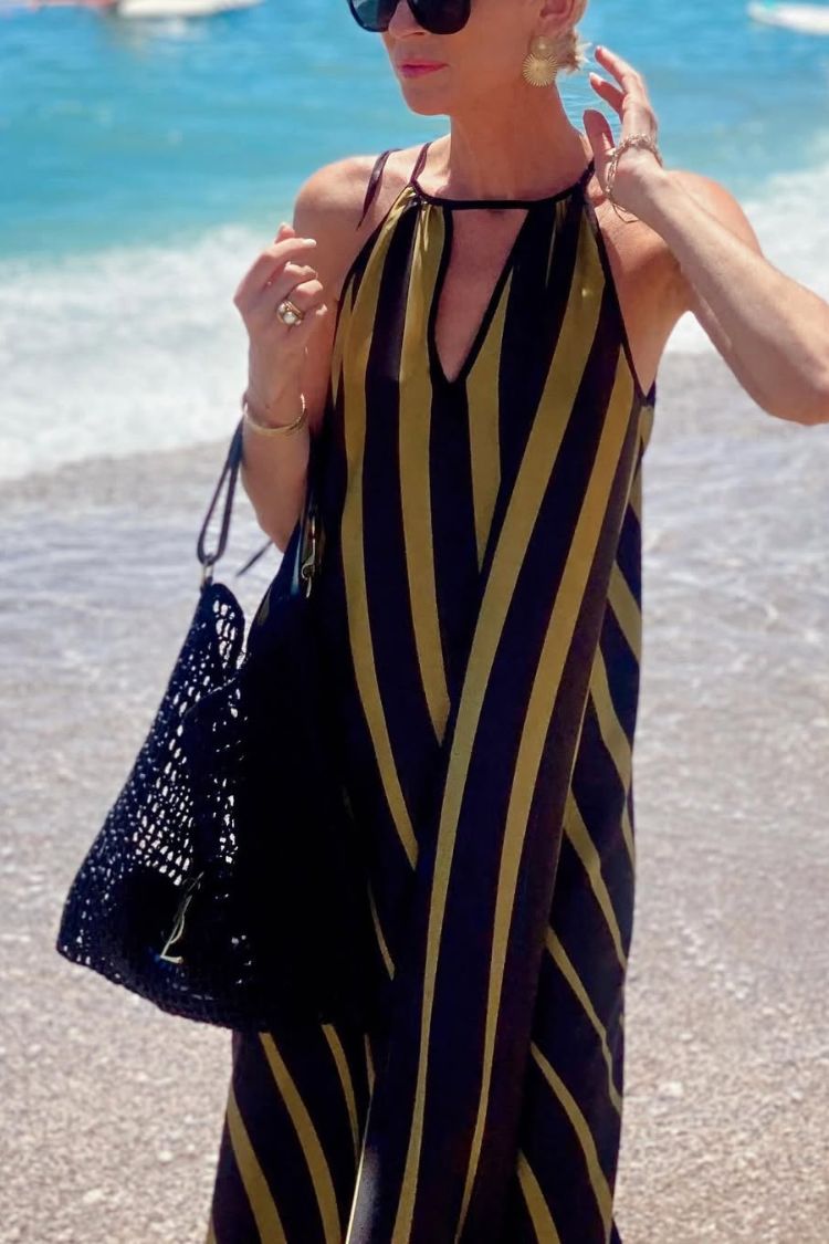 Striped Print V-Neck Loose Beach Vacation Maxi Dress