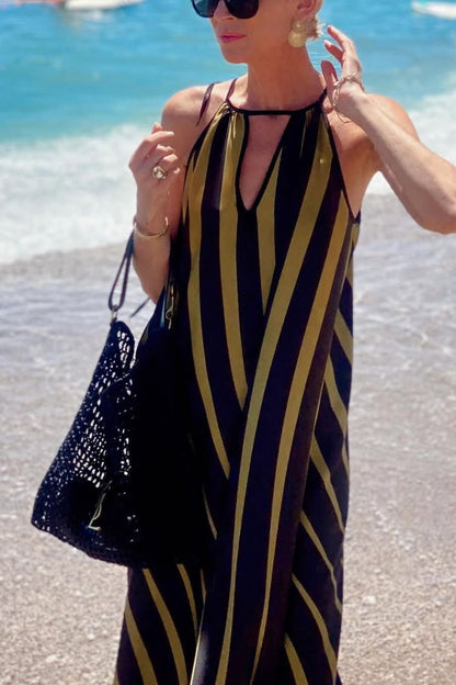 Striped Print V-Neck Loose Beach Vacation Maxi Dress