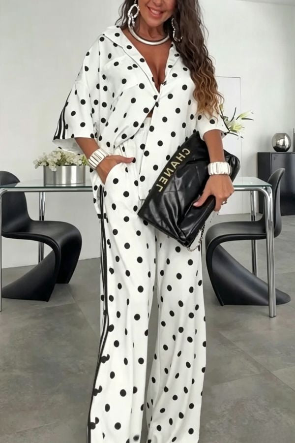 Chris Color Blocked Polka Dot Print Short Sleeve Loose Shirt and Elastic Waist Pocket Pants Tracksuit