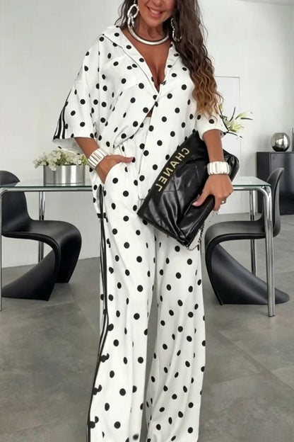 Chris Color Blocked Polka Dot Print Short Sleeve Loose Shirt and Elastic Waist Pocket Pants Tracksuit