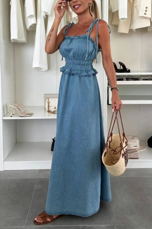 Denim Smocked-Waist Tiered Maxi Dress