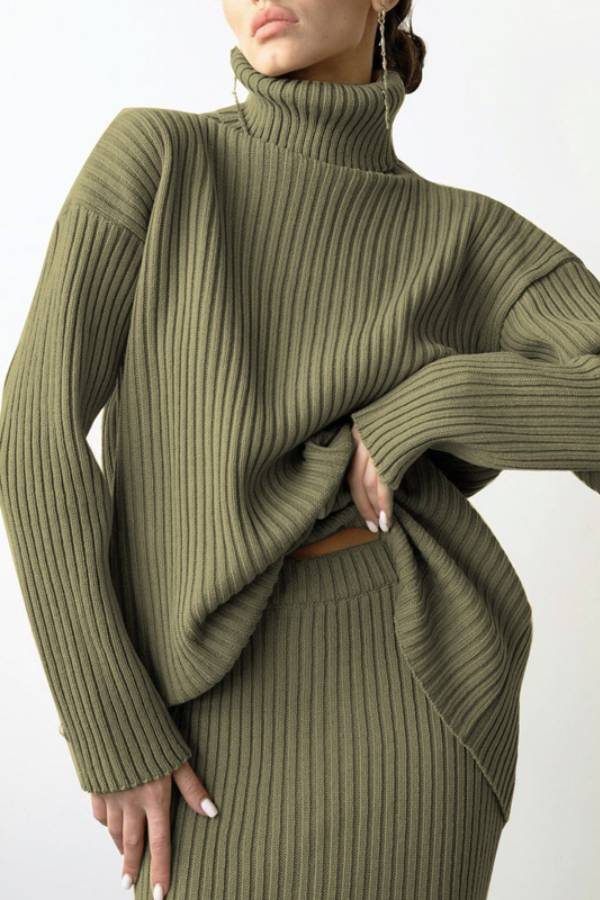 Turtleneck Ribbed Loose Sweater & Knit Midi Skirt Two‑Piece Set