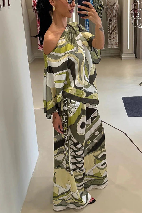 Luxe Resort Satin Unique Print Cape-style Top and Elastic Waist Pocket Wide Leg Pants Set