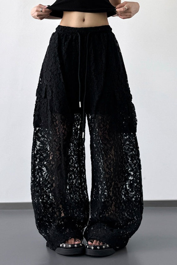 White Lace Cutout Casual Wide Leg Pants