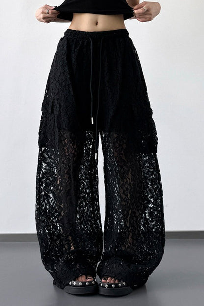 White Lace Cutout Casual Wide Leg Pants