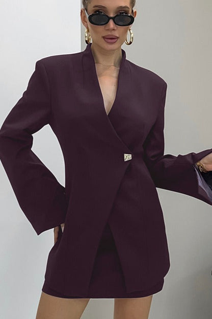 V Neck Long Sleeve Fitted Two Piece Blazer Skirt Set