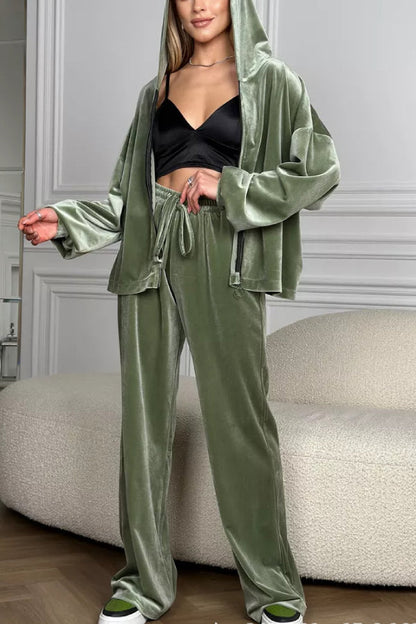 Velvet Zipper Hooded Pure Color Two -piece Suit