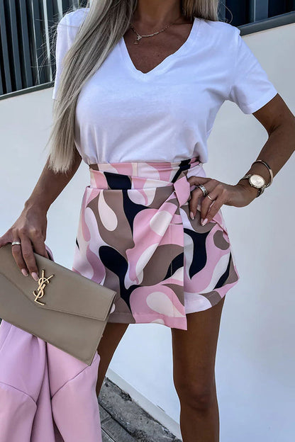 Charming Walk Colorful Printed Front Twist Elastic Waist Skort