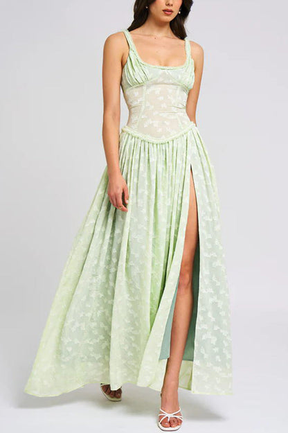 Floral Print Square Neck Corset Bodice High Split Flowy Maxi Dress