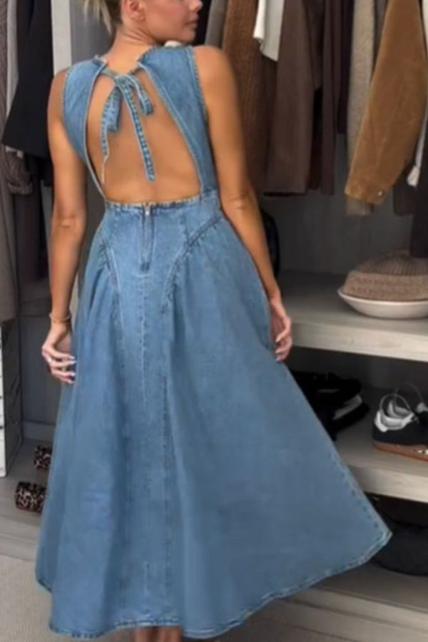 Classic and Stylish Denim Open Back Tie-up Gathered Hip Stretch Midi Dress