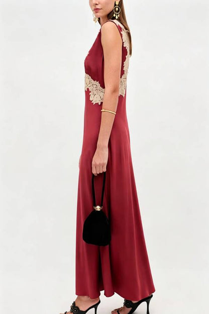A Little Sultry Satin Floral Lace Trim V-neck Sleeveless Drape Maxi Dress