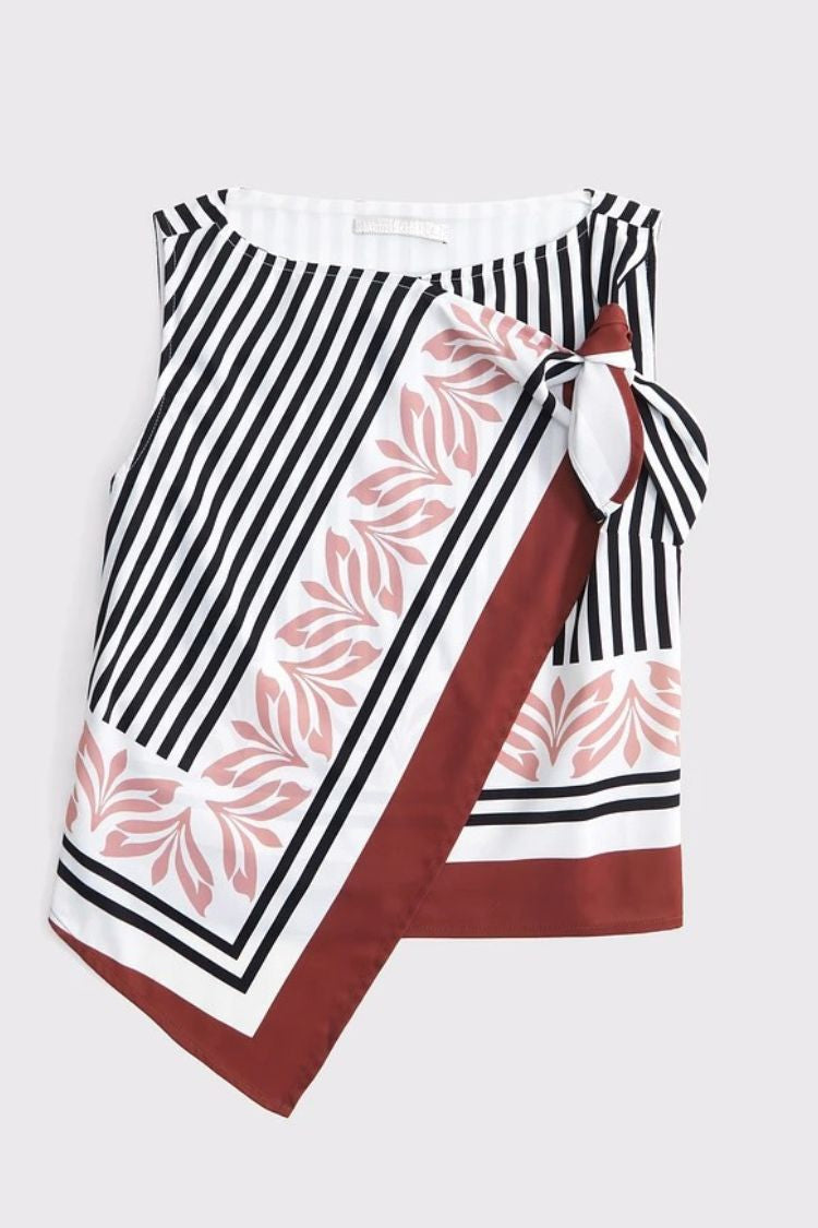 Gracie Unique Print Knotted Scarf Top and Elastic Waist Pocketed Loose Pants Set