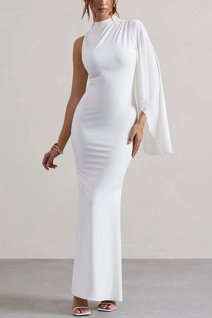 Mock Neck One Shoulder Ruffle Sleeve Mermaid Hem Maxi Gown