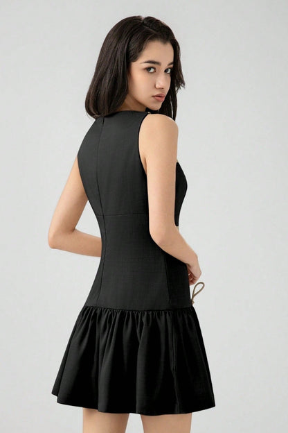 Boat Neck Sleeveless Dropped Waist Bow Detail Pleated Mini Dress