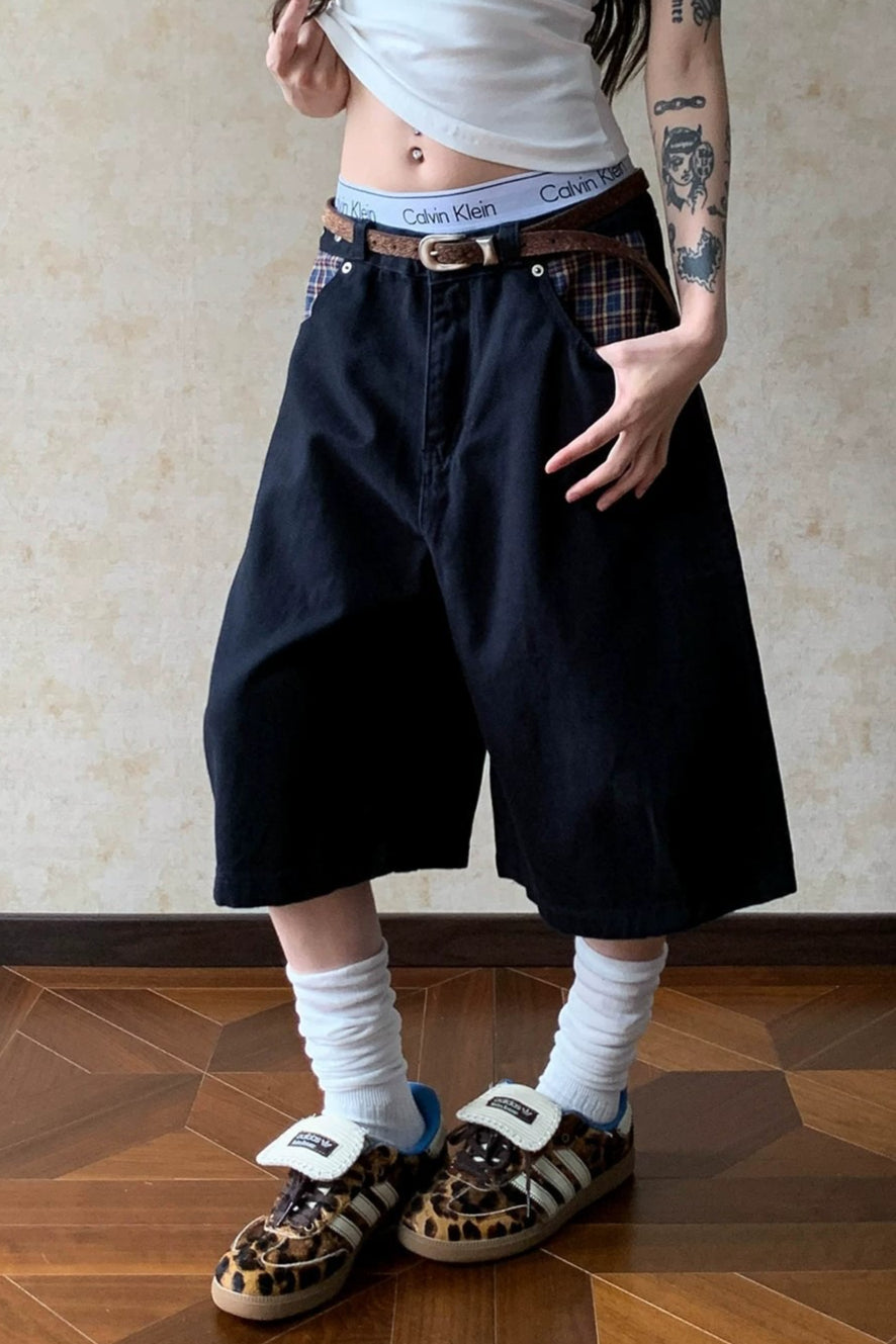 Plaid Pocket Denim Bermuda Jeans