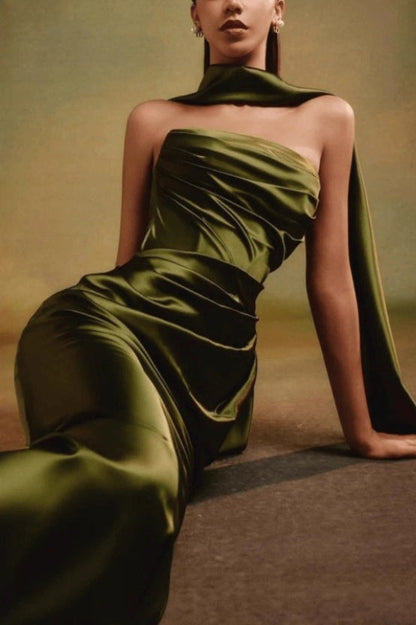One Shoulder Ruffle Tie Maxi Prom Dress