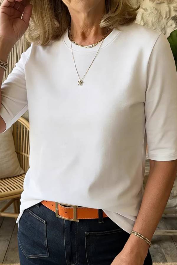 Basic Crew Neck Elbow-Length Sleeve T-Shirt
