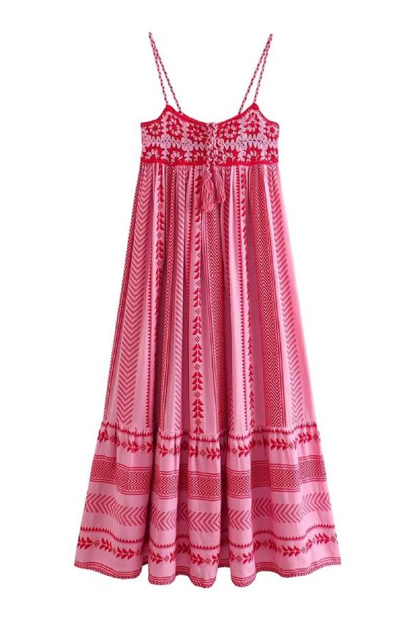 Bohemian Geometric Embroidered Cami Maxi Dress