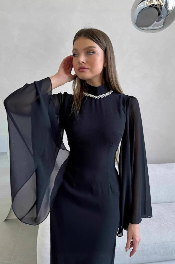 Mesh Panel Pearl Prom Dress