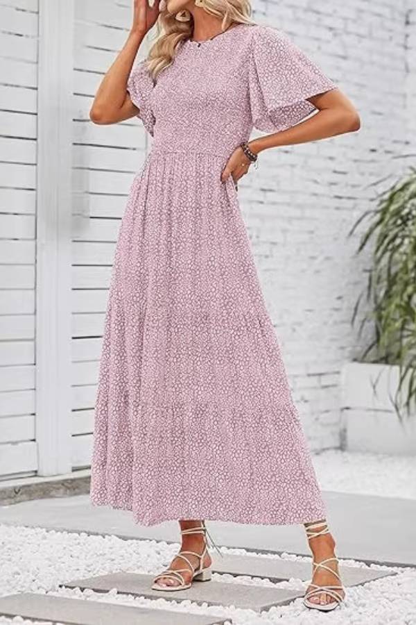 Floral Print Round Neck Short Sleeve Tiered Maxi Dress
